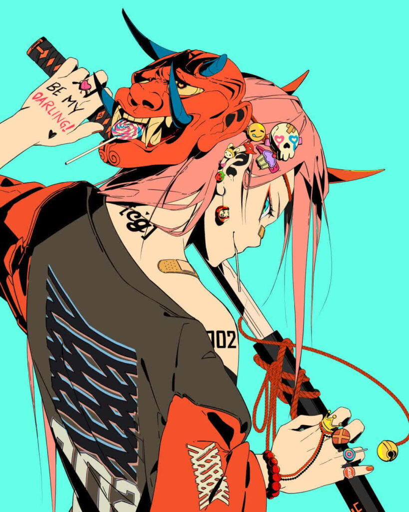 Zero Two Wallpaper: Edgy Anime Style with Red Oni Mask & Turquoise
