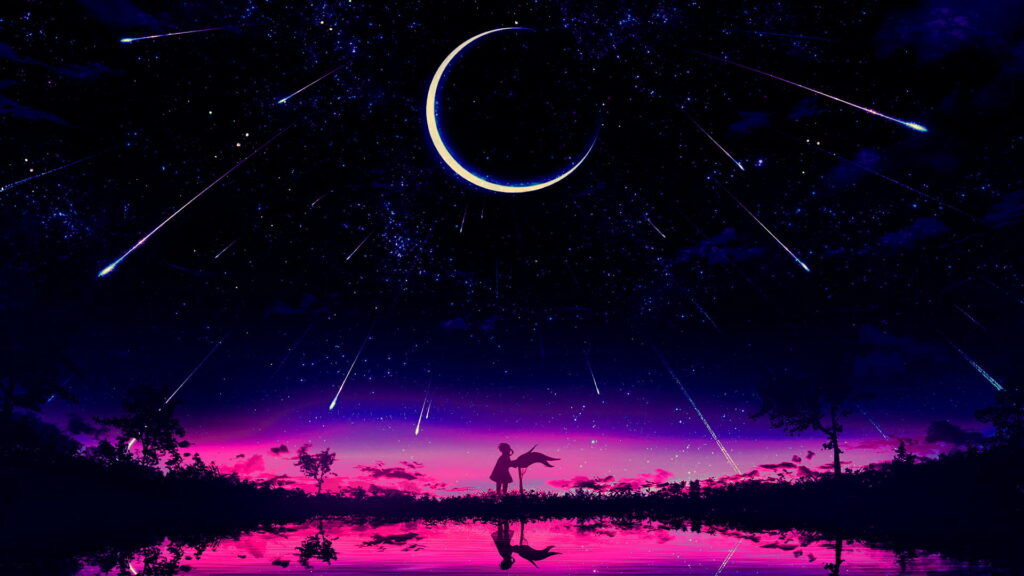 Whimsical Fusion: Mesmerizing Night Sky Infused with Anime Vibe – HD Wallpaper Art