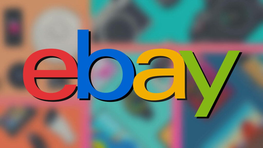 Vibrant eBay logo in bright primary colors on soft-focus gadget collage background wallpaper