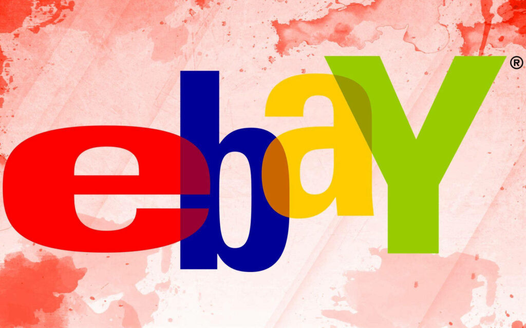 Colorful eBay logo on pink and red watercolor background vibrant digital branding wallpaper