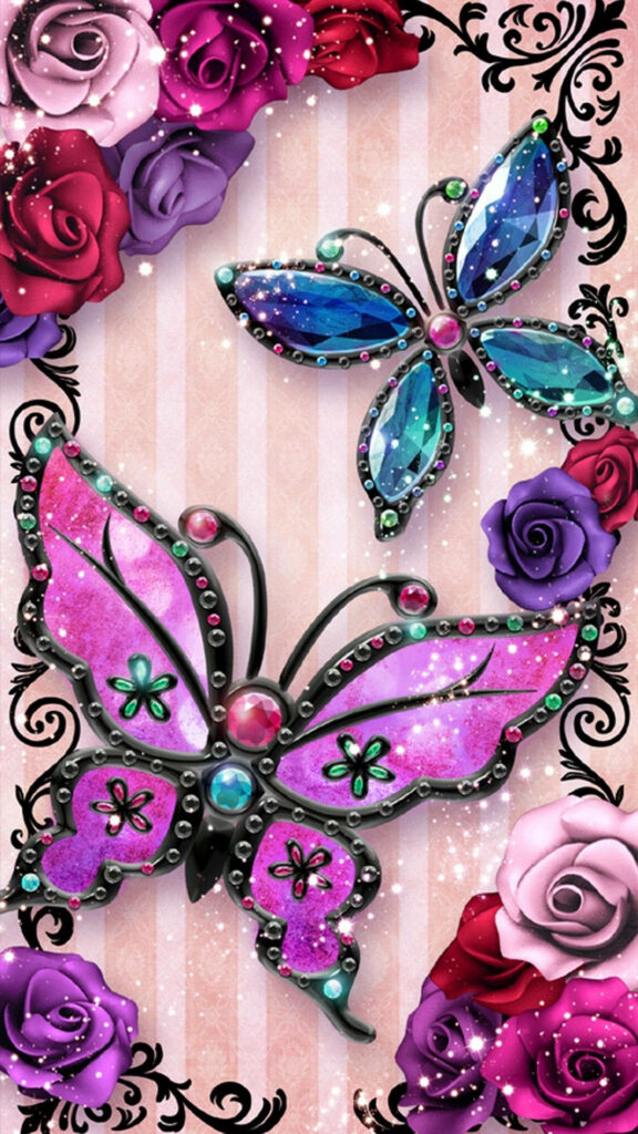 Vibrant iPhone Wallpaper: Pink & Blue Butterflies with Roses