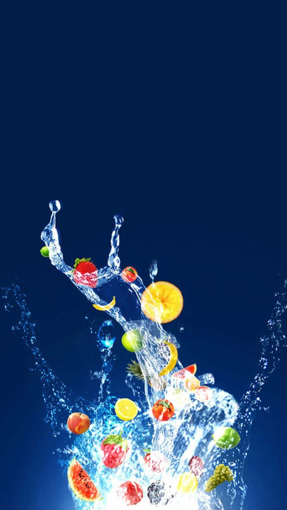 Vibrant iPhone wallpaper with fresh citrus berries watermelon splash on deep blue background