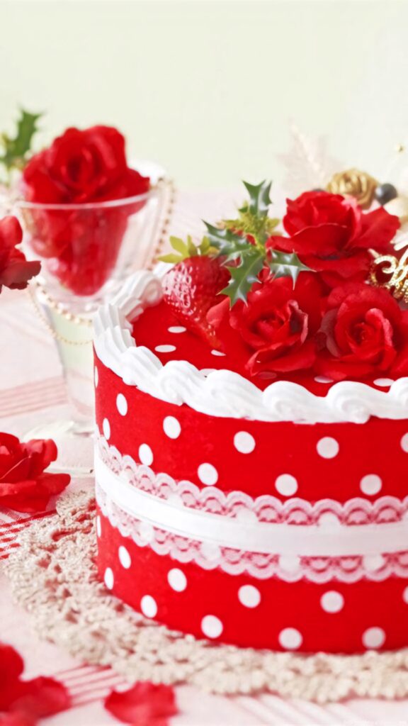 Vibrant iPhone Wallpaper: Red Velvet Cake with Roses & Polka Dots