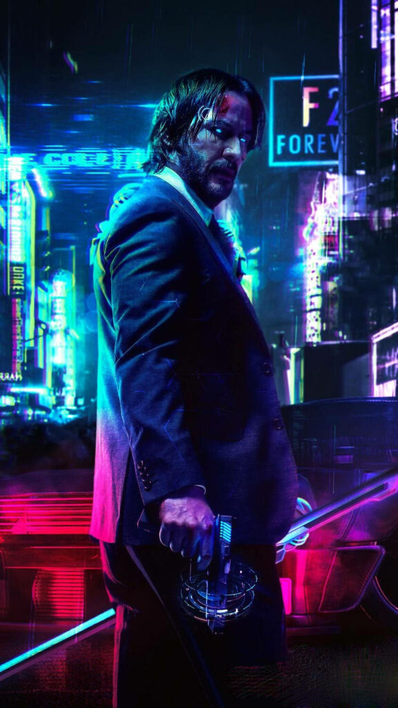 Vibrant Cyberpunk 2077 iPhone Wallpaper: Johnny Silverhand in Neon City