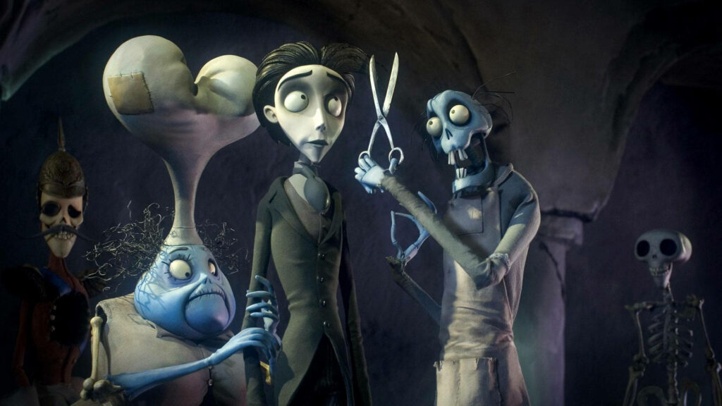 Victor Van Dort looks anxious beside quirky skeleton with large scissors in Tim Burton gothic scene Wallpaper