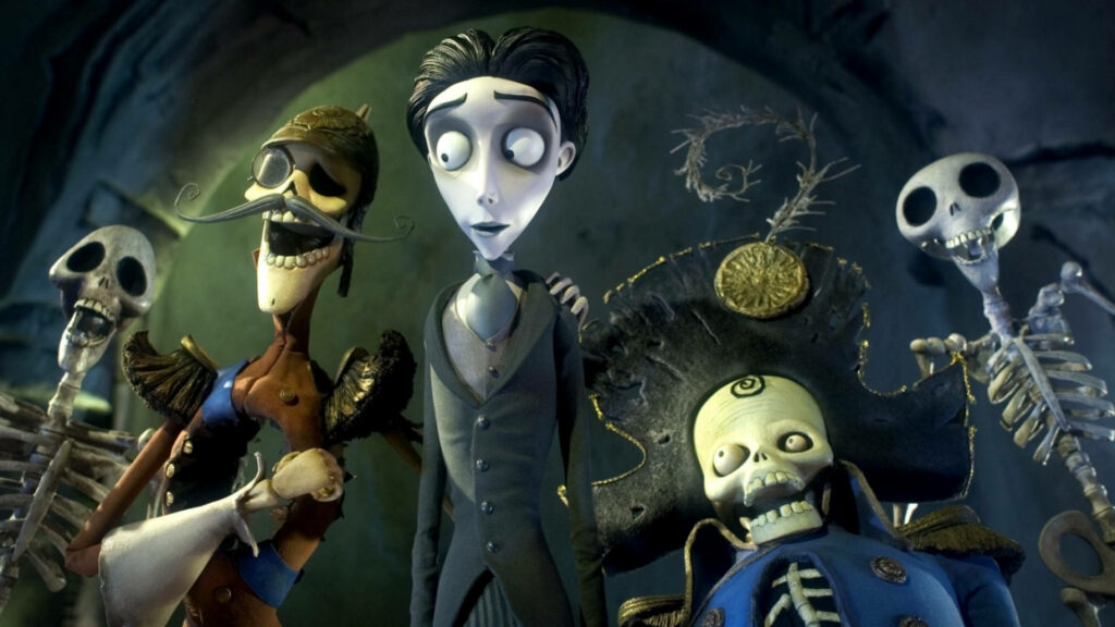 Victor Van Dort with quirky skeletons in gothic Corpse Bride wallpaper dark whimsical style