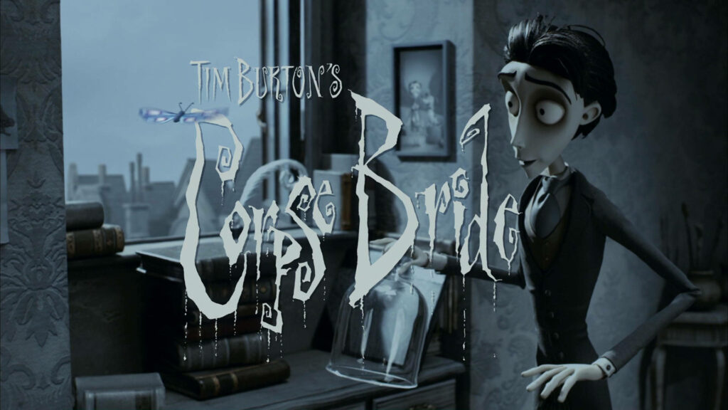 Victor Van Dort in gothic room Tim Burton Corpse Bride wallpaper blue-gray stop-motion style