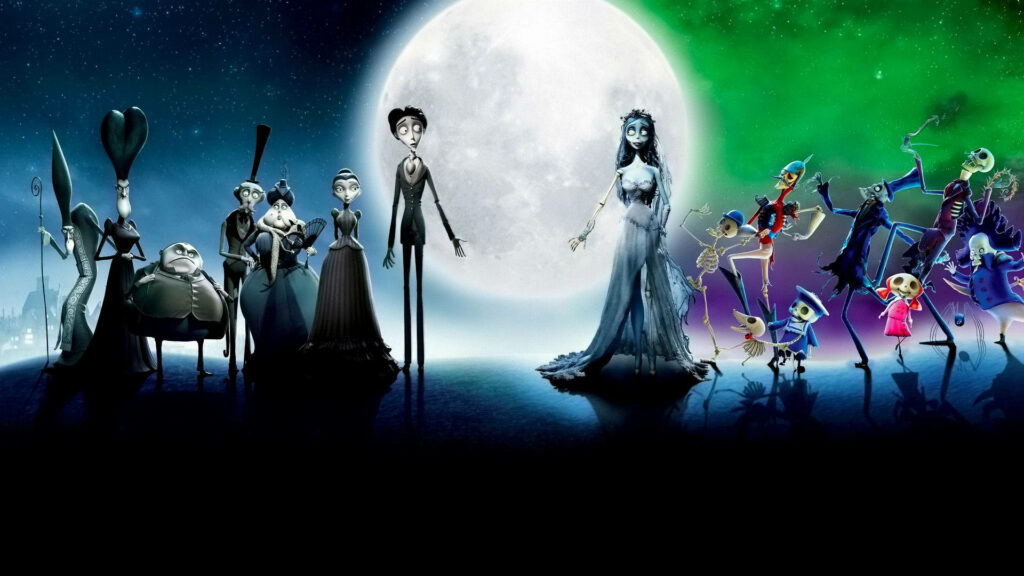 Victor Van Dort and Emily under glowing full moon with Corpse Bride skeleton friends wallpaper