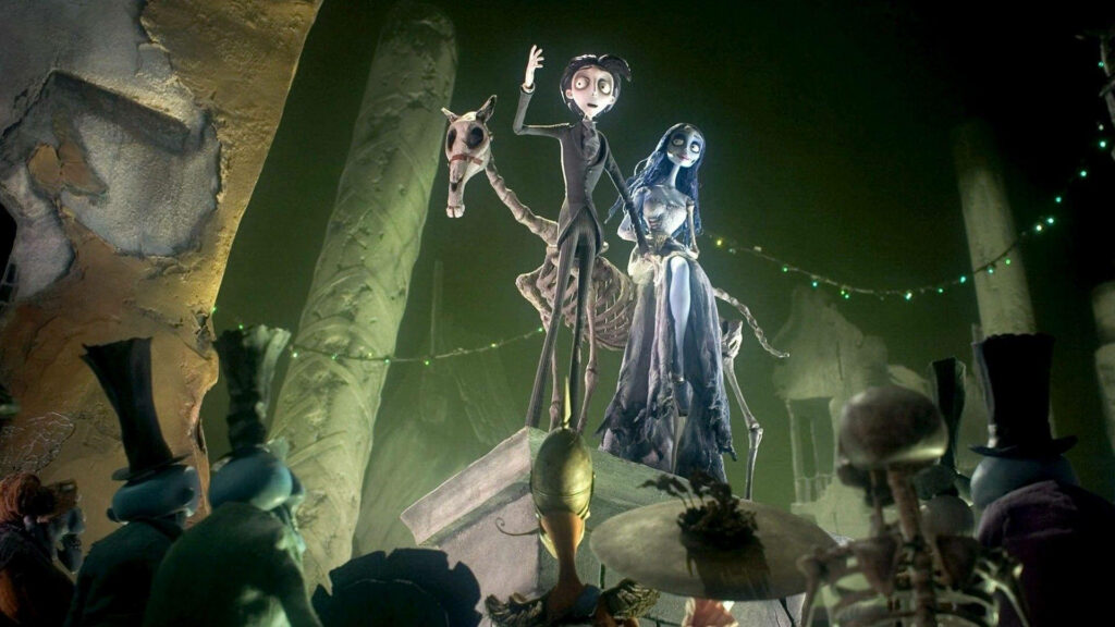 Victor Van Dort and Emily the Corpse Bride in eerie gothic setting with moody green blue light Wallpaper