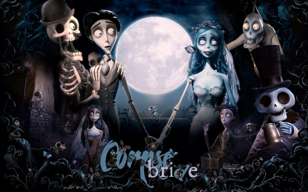 Victor Van Dort and Emily Corpse Bride under full moon with gothic skeletons and twisted trees Wallpaper