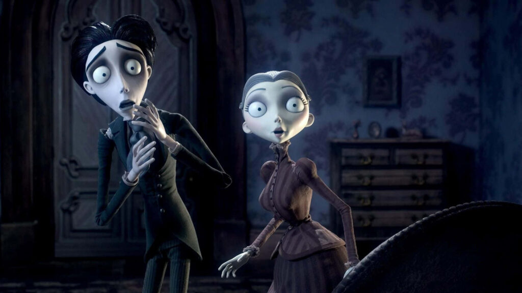 Victor Van Dort and Victoria Everglot in gothic room shocked expressions stop-motion animation Wallpaper