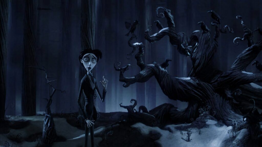 Victor Van Dort in dark eerie forest Corpse Bride gothic stop motion Tim Burton wallpaper background