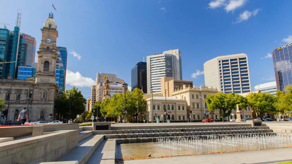 Victoria Square Adelaide vibrant architecture modern fountain historic and contemporary buildings sky Wallpaper