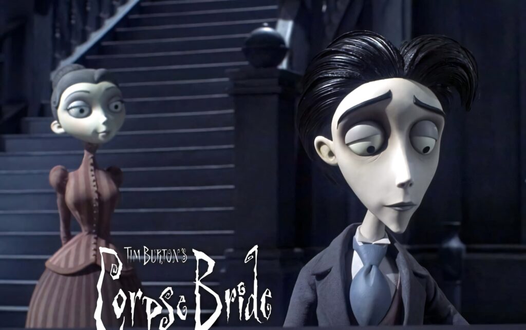Victoria Everglot and Victor Van Dort in gothic Tim Burton style with haunting romantic tones wallpaper