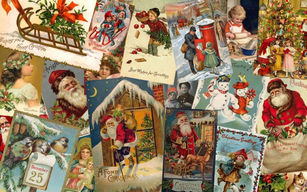 Victorian Christmas card collage vintage wallpaper with Santa snow scenes festive children holiday