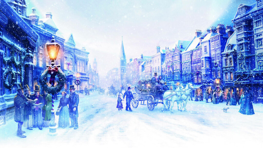 Festive Victorian winter street scene with horse carriages snow and classic Christmas Carol vibes Wallpaper