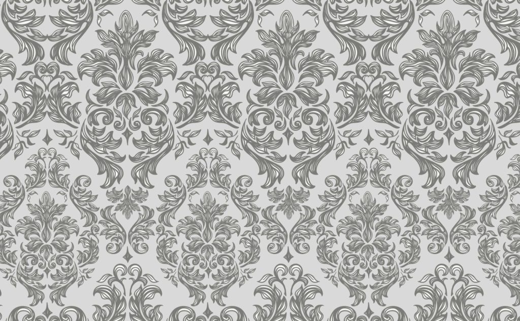 Victorian wallpaper with dark gray damask scrollwork on light gray background for elegant decor