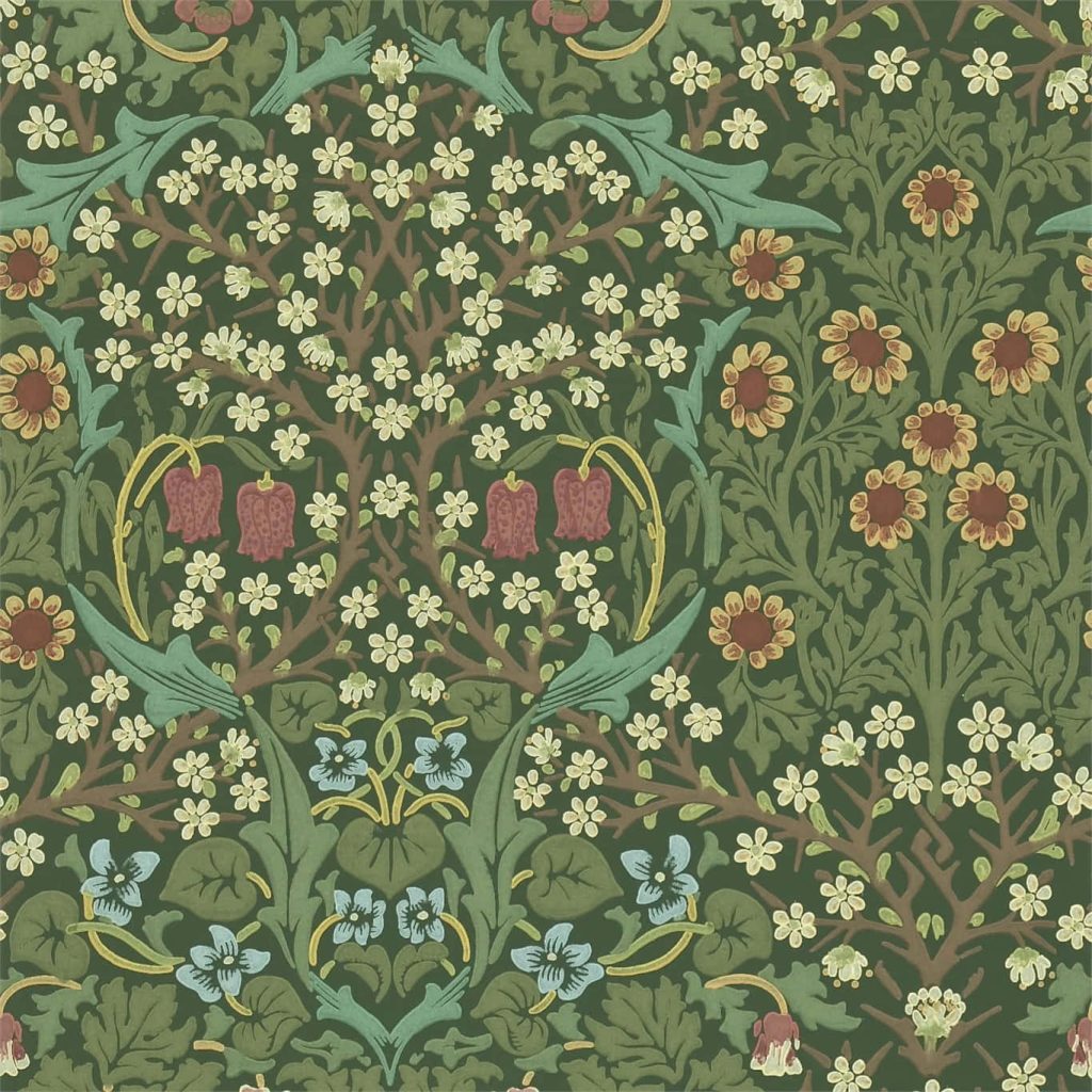 Victorian wallpaper dark green with intricate William Morris botanical flowers leaves pattern