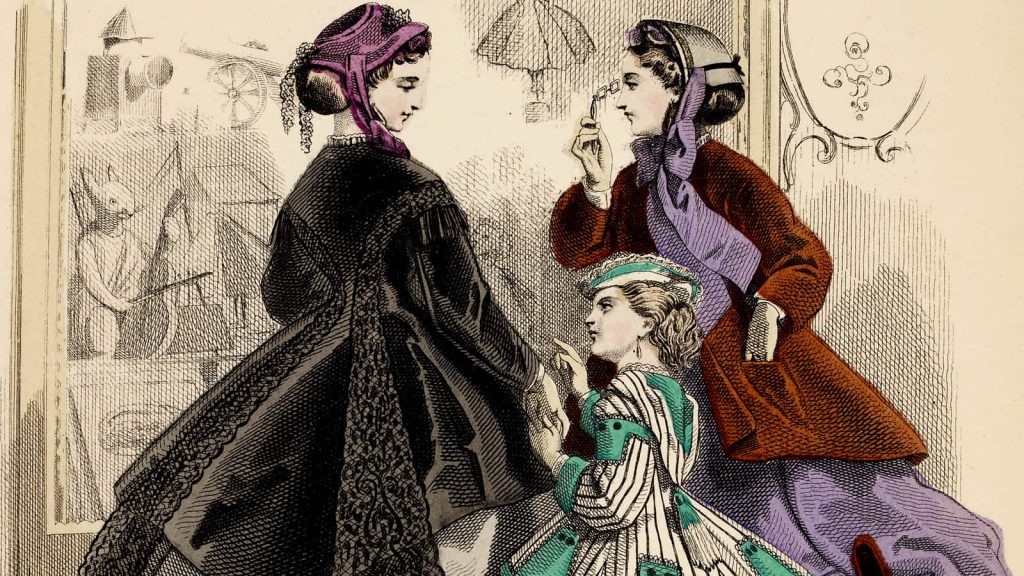 Victorian-era colored engraving of two women and girl with rabbit musician wallpaper background