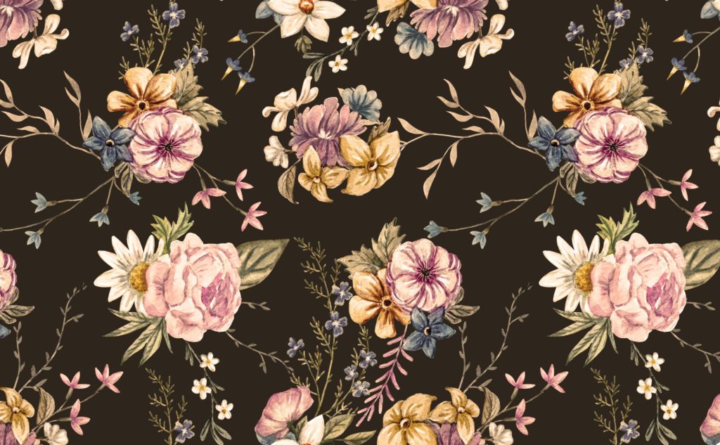 Victorian floral wallpaper with watercolor roses daisies wildflowers on dark elegant background