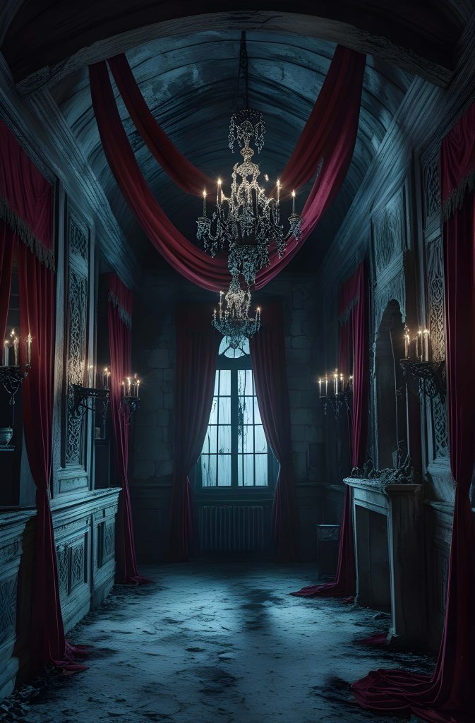 Victorian Gothic wallpaper with moody corridor red velvet drapes chandeliers candle sconces dark wood