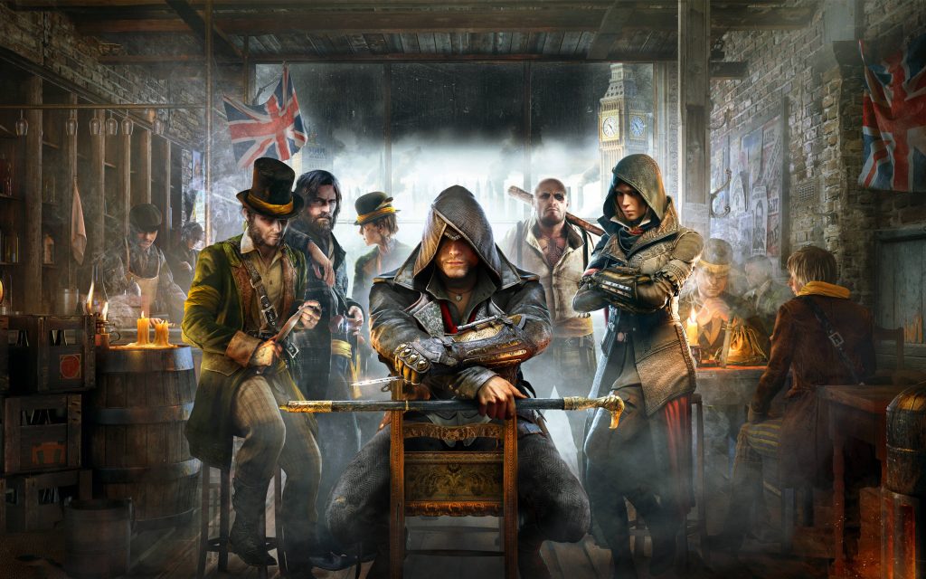 Assassins Creed Syndicate Victorian London Jacob and Evie Frye in pub with Big Ben view 4k wallpaper