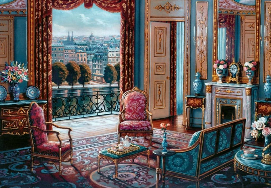 Victorian sitting room painting with red blue furnishings ornate fireplace and European cityscape view Wallpaper