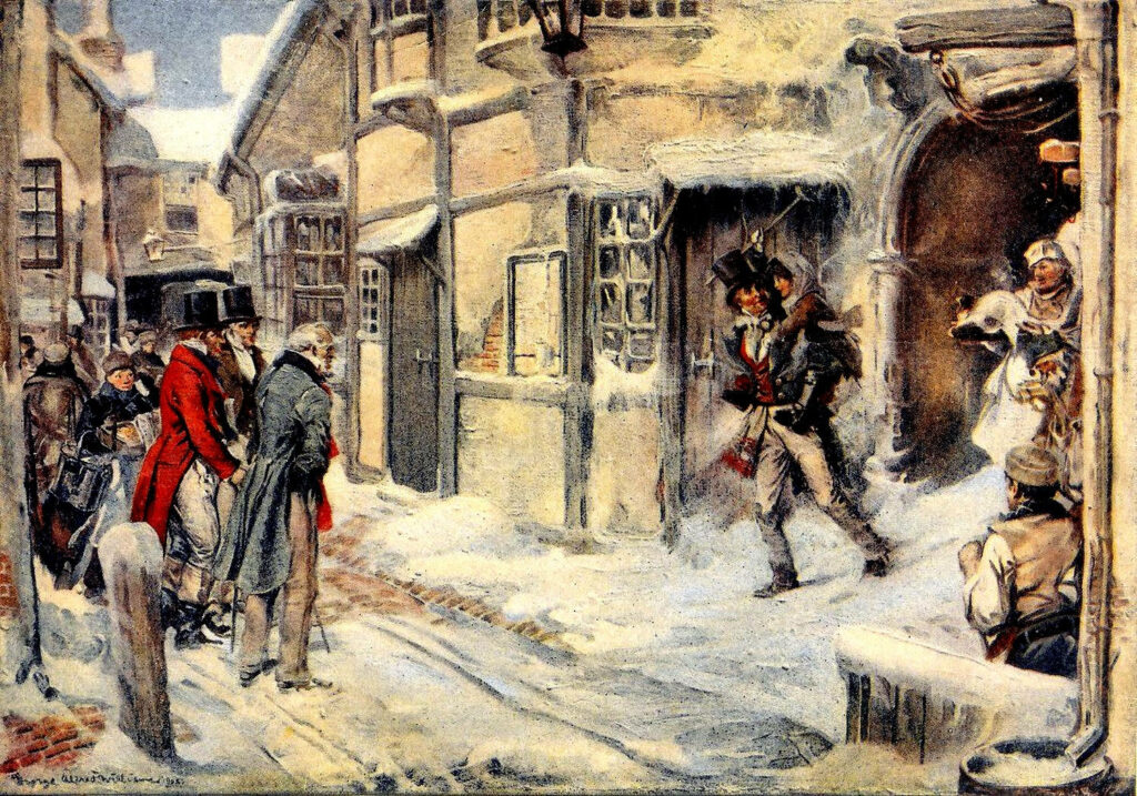 Victorian winter street scene wallpaper Bob Cratchit carrying turkey in snowy Christmas Carol setting