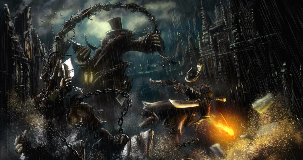 Defiant Duel: Gothic Warrior Conquers Bloodborne Boss Wallpaper