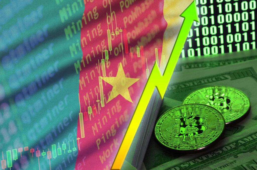 Vietnam flag fused with Bitcoin digital art rising market charts and green binary code wallpaper