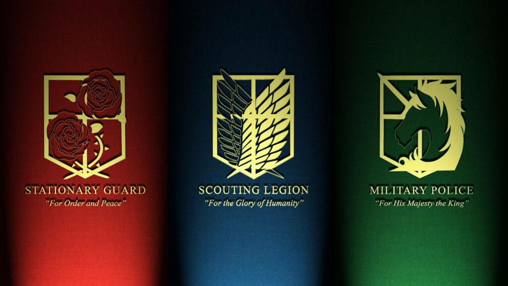 Attack on Titan wallpaper with military branch logos on red blue green panels dramatic vignette