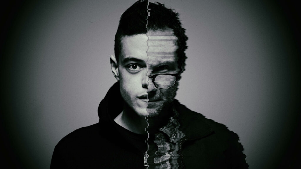 Striking Elliot & Mr. Robot Wallpaper: Glitched Vignette Background