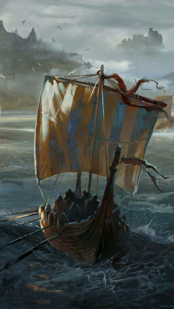 Viking longship sailing towards fortress in misty waters - For Honor Wallpaper background