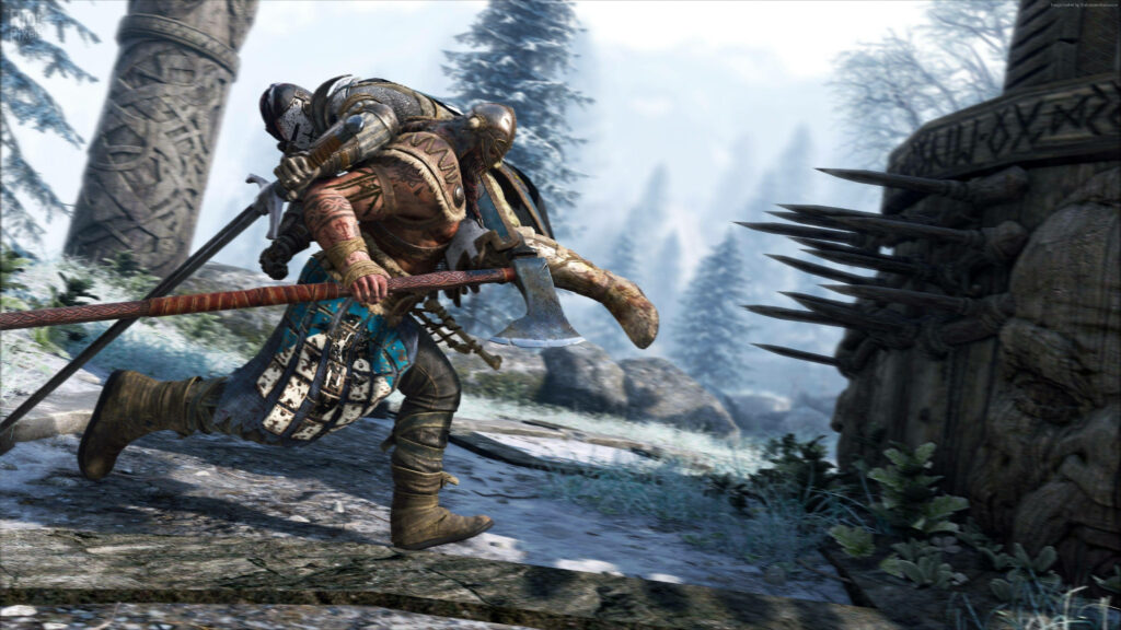 For Honor Viking Warrior Wallpaper: Detailed Armor and Fearsome Axe in Snowy Forest Battle Scene