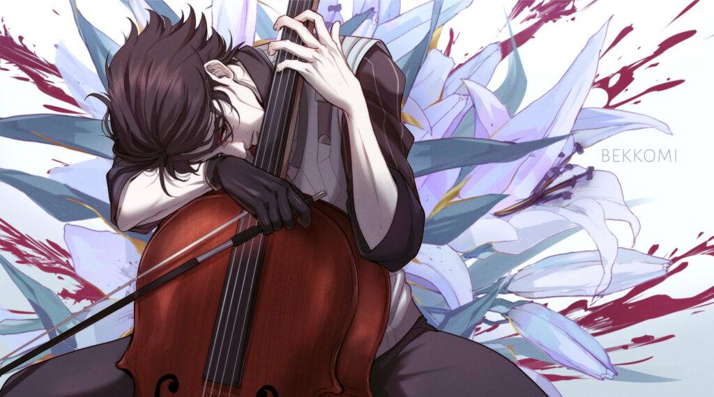Viktor Playing Cello in Elegant *Arcane* Wallpaper with Lilies