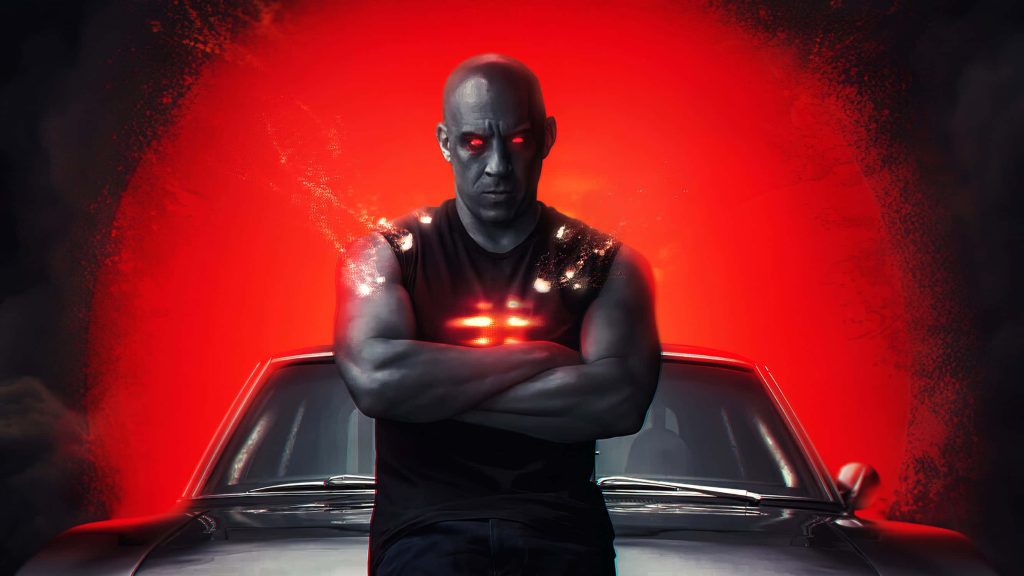 Vin Diesel as Dominic Toretto with glowing red eyes and muscle car silhouette red wallpaper