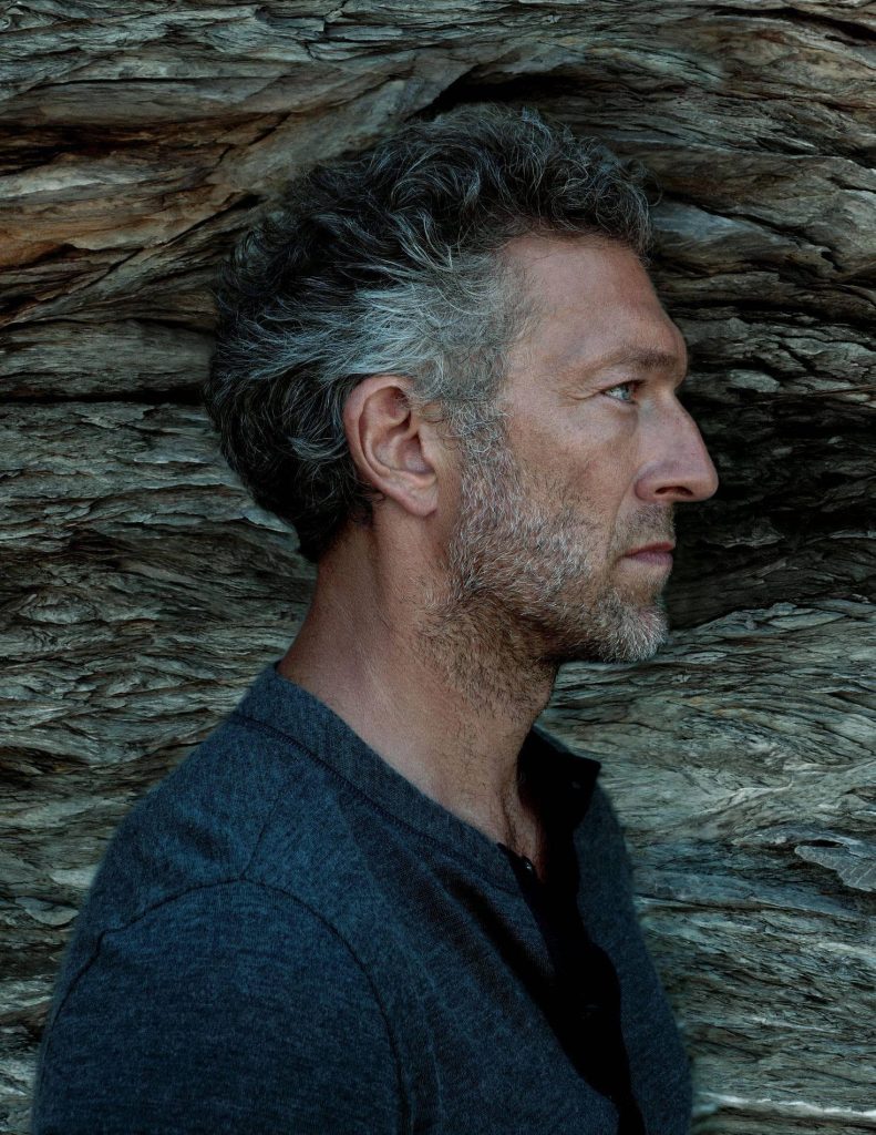 Vincent Cassel side profile portrait with moody lighting and textured rock background wallpaper