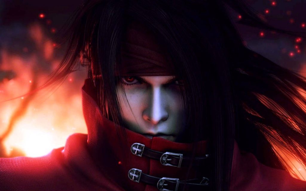 Vincent Valentine Final Fantasy 3D CGI portrait dark fiery background intense mysterious gaze Wallpaper