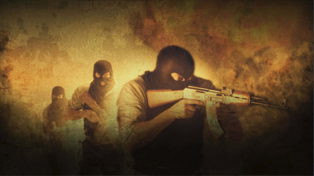 Retro 1080p CS:GO Background: Masked Trio Armed with Rifles, Shrouded in Vintage Sepia Tones and Dark Vignettes Wallpaper