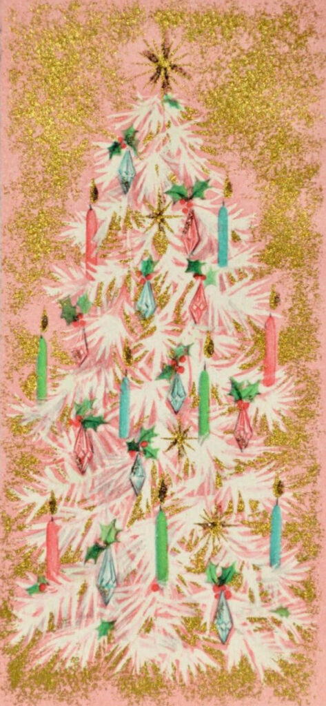 Vintage 1950s Christmas Tree Wallpaper in Pink & Gold Accents