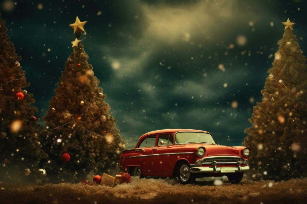 Vintage 1950s Classic Car Wallpaper: Festive Wintry Scene
