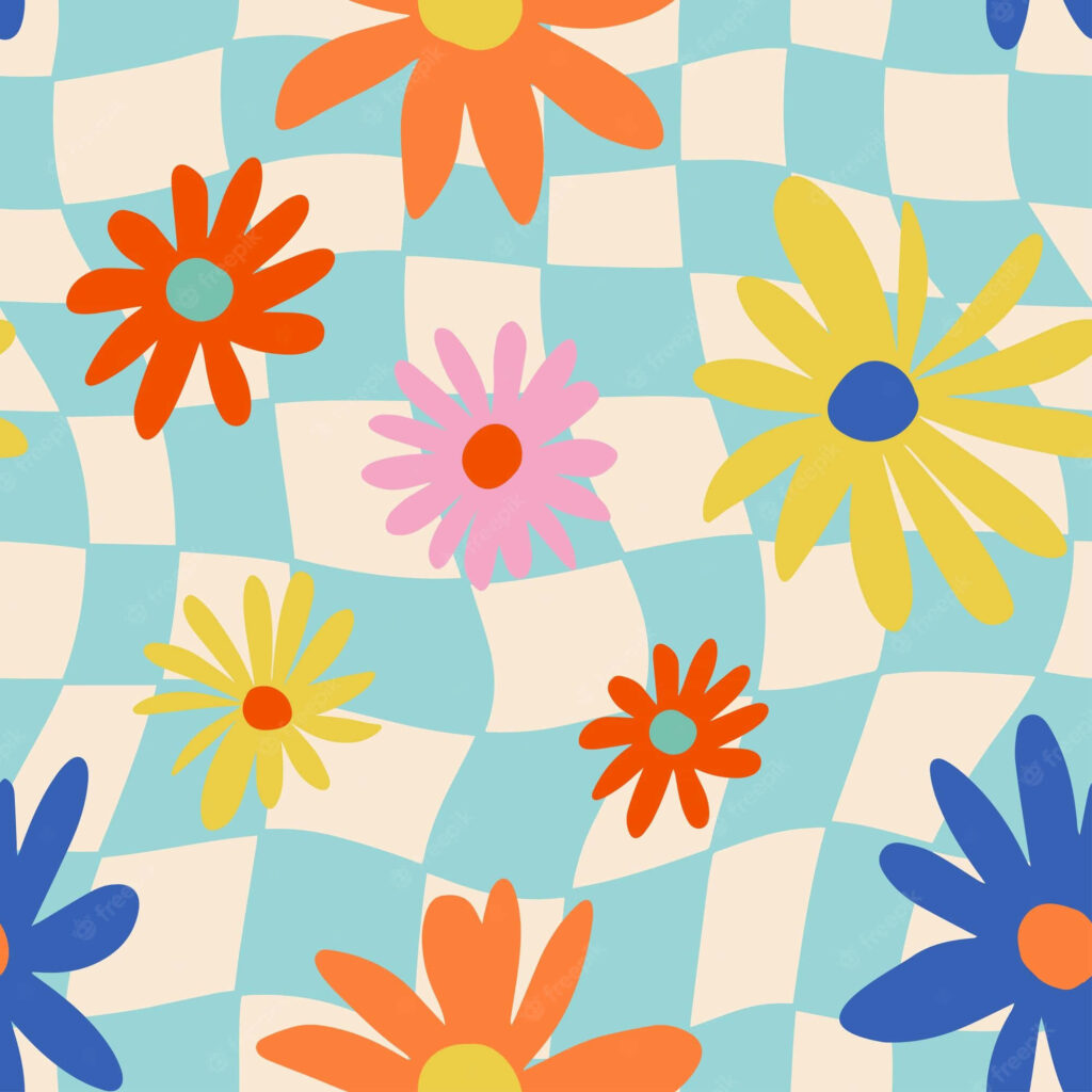 Vintage 70s Floral Wallpaper: Seamless Checkerboard Background