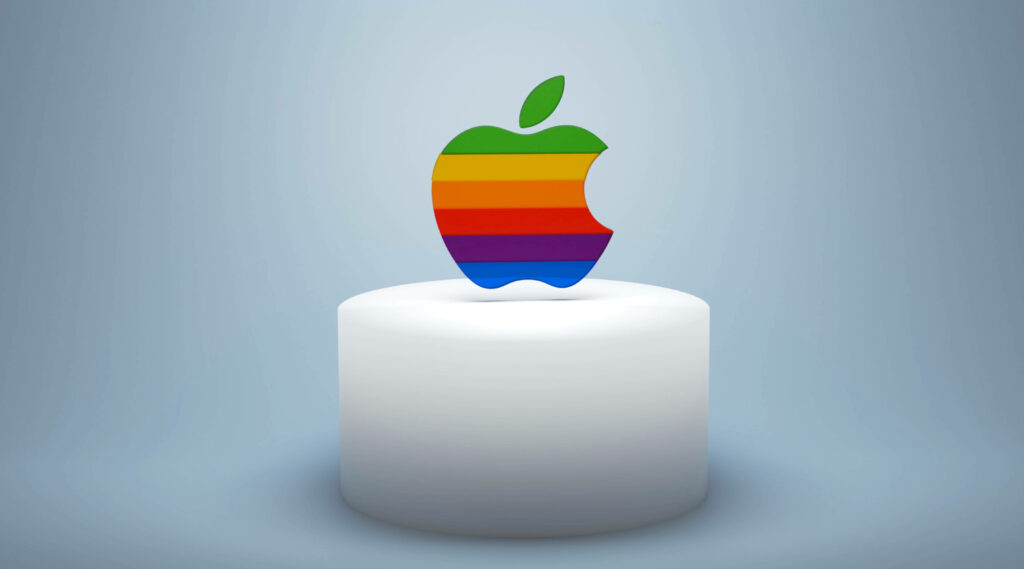 Vintage Rainbow Apple Logo Wallpaper on 3D White Pedestal