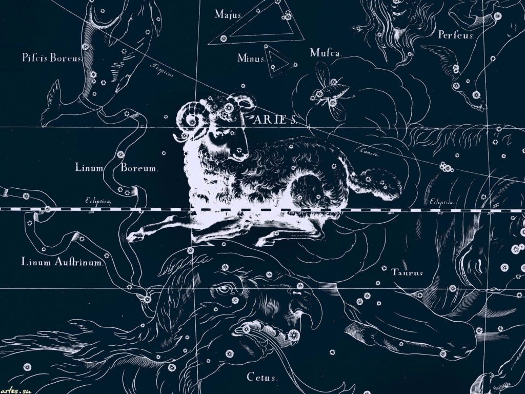 Vintage celestial star chart wallpaper Aries constellation Aries Ram Taurus Cetus dark blue background