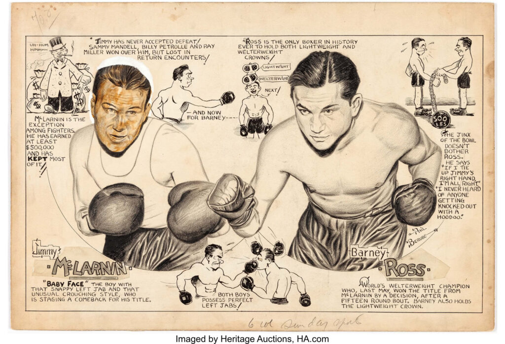 Vintage illustration of Barney Ross boxing action pose with rival in historic fight wallpaper