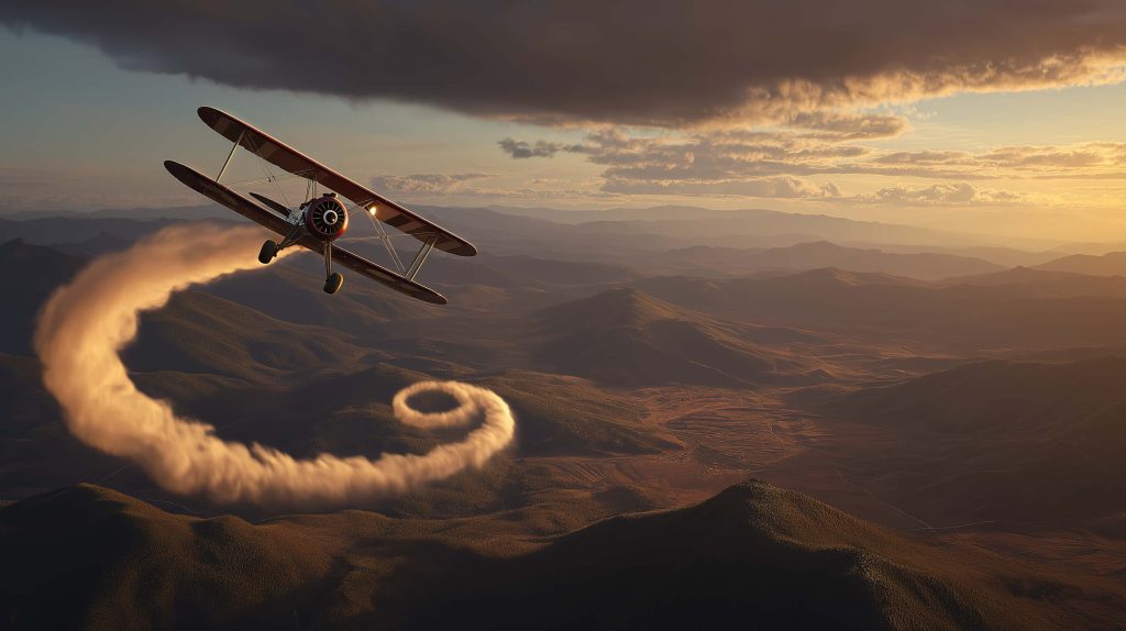 Vintage biplane performing aerial loop with smoke over golden mountains at sunset digital art Wallpaper