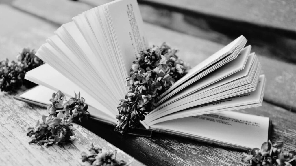 Serene Black and White Wallpaper: Open Book with Floral Accents