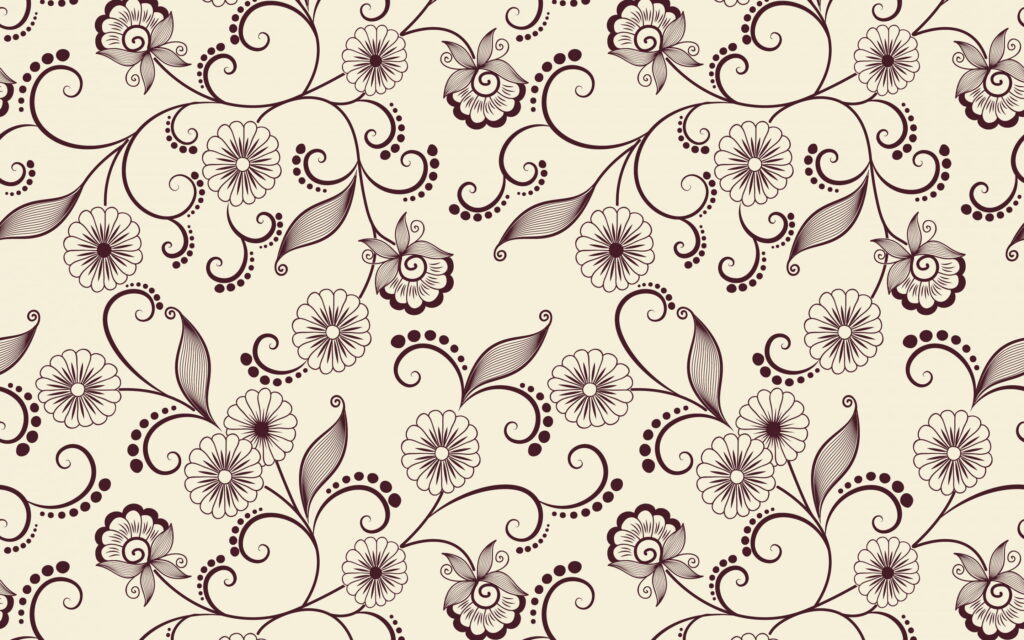 Vintage seamless floral wallpaper with brown blossoms swirls and leafy vines on cream background