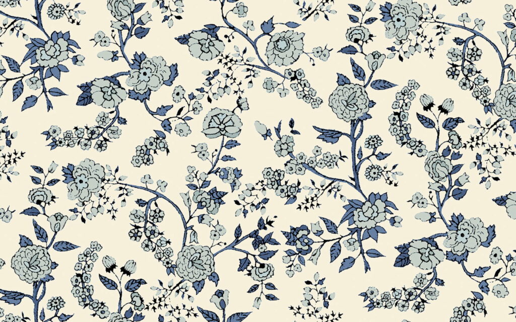Elegant vintage floral wallpaper with delicate blue roses and retro flourishing vines on cream