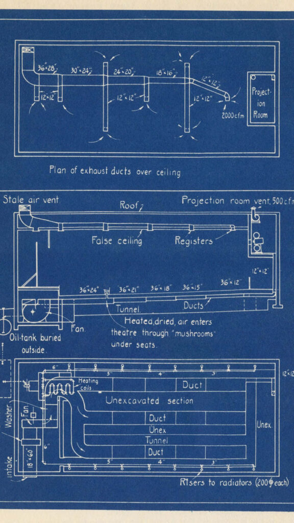 Vintage blueprint wallpaper of detailed ventilation system with labeled ducts and vents design